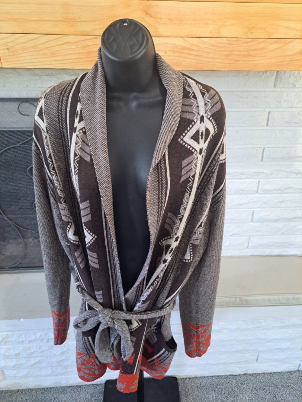 Aztec Southwestern Knit Cardigan Sweater Wool Bld Tie Patterns M. Rena Womens L - Picture 2 of 8